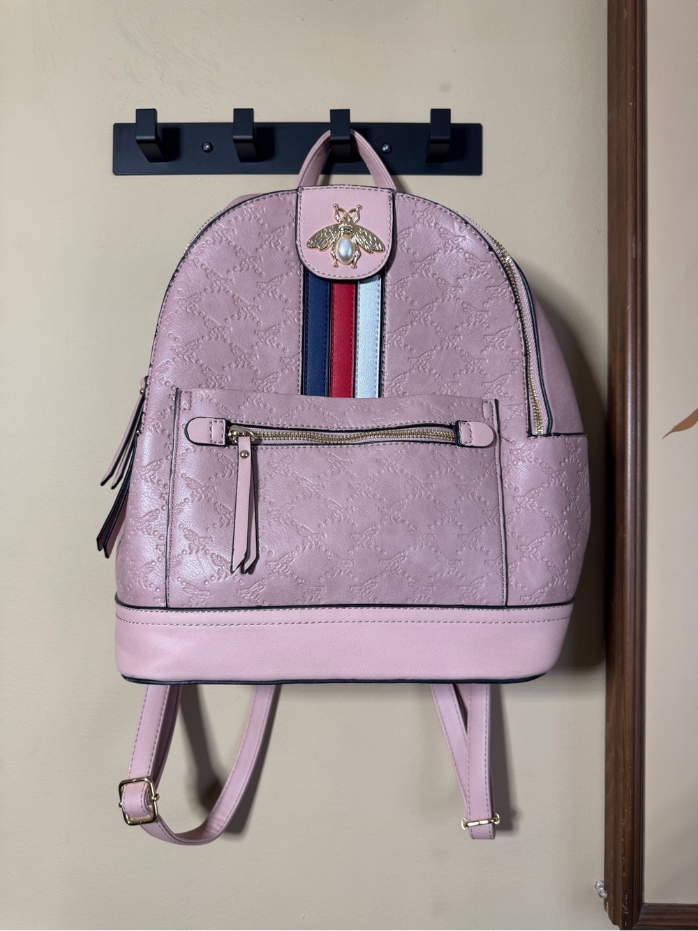 Pastel Pink Embossed Queen Bee Stripe Mini Backpack Purse